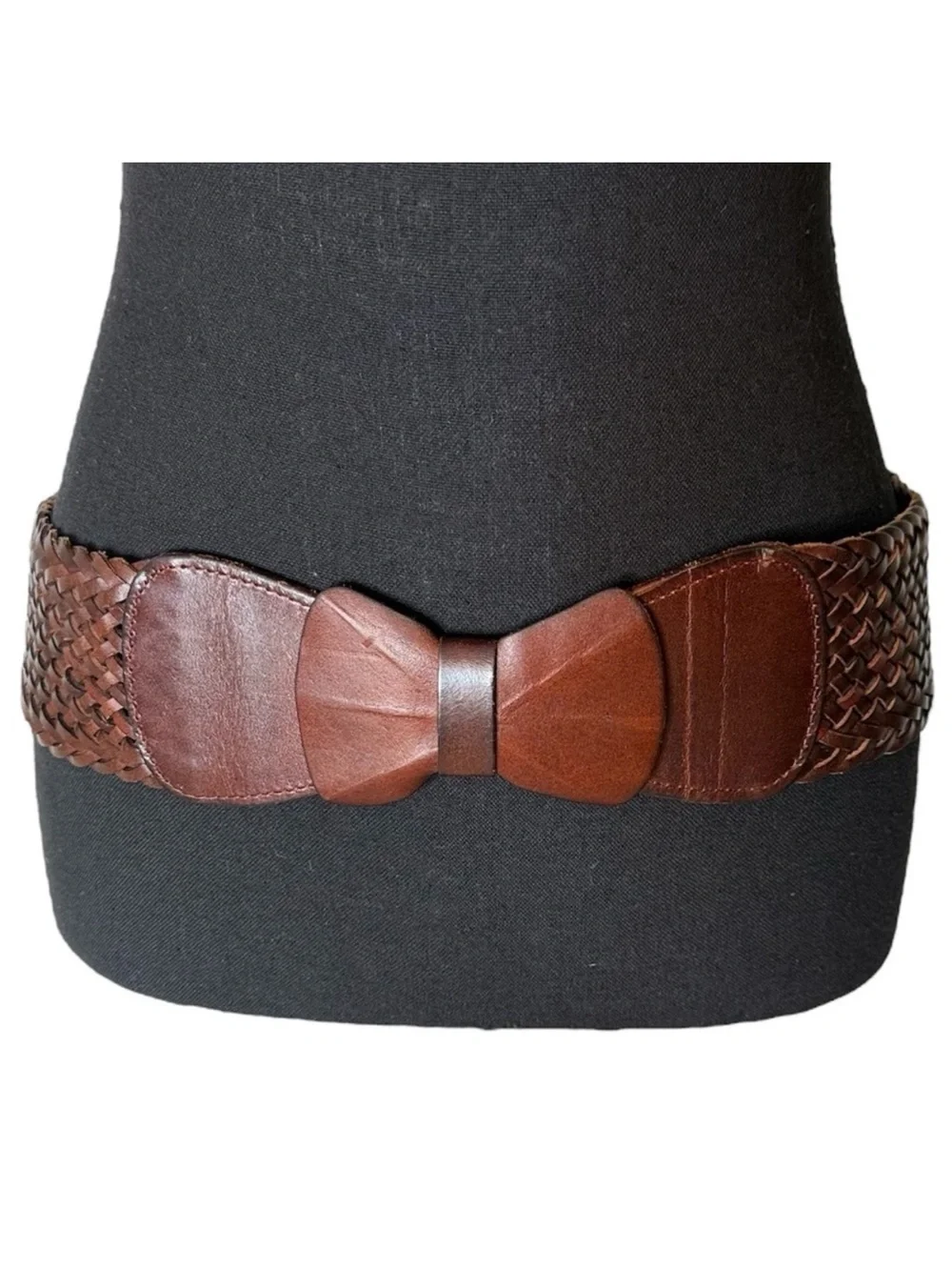 YIK FUNG Brown Leather Bow Front Elastic Snap Belt Wide Braided Vintage Y2K - Picture 1 of 11